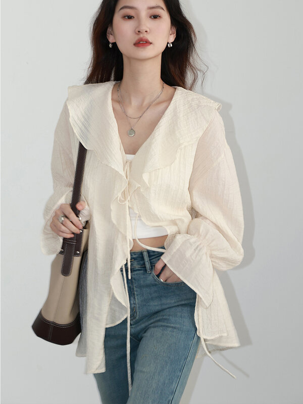 CHIC VEN Women Shirt Loose Casual Ruffled Edges Female Blouses V Neck Lace Up Mid Length Woman Shirts Spring Summer 2024