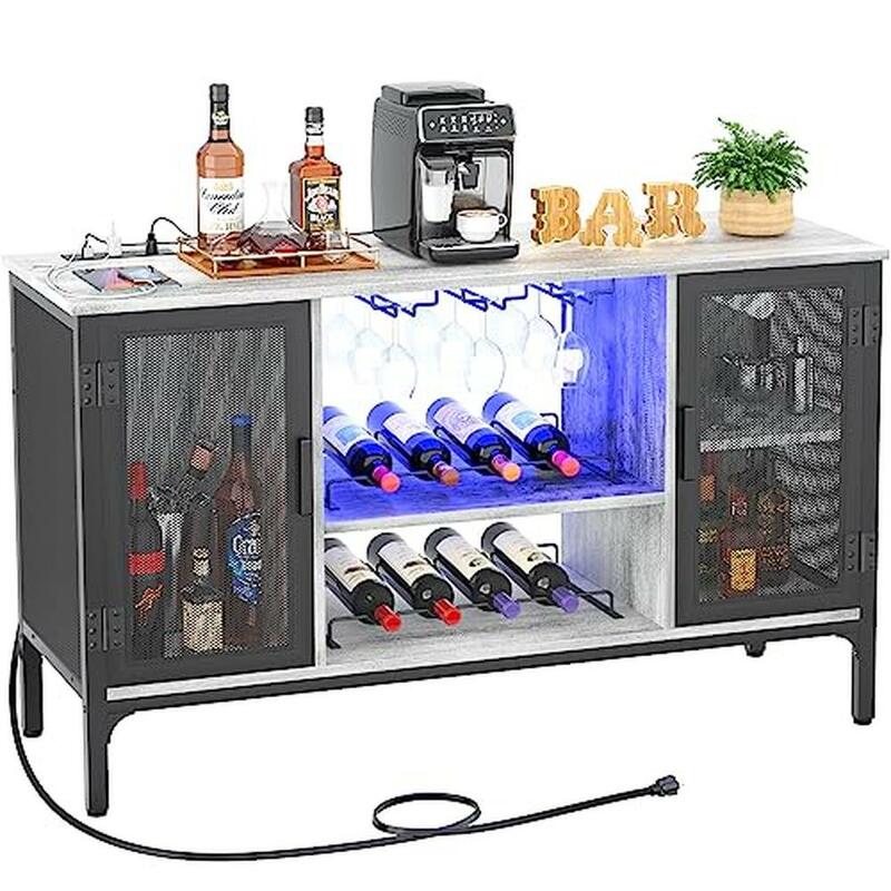 Industrial LED Luzes Wine Bar Gabinete com Tomadas de Energia, Prateleiras Ajustáveis, Farmhouse Liquor Vidros De Armazenamento, Buffett Gabinete, TV