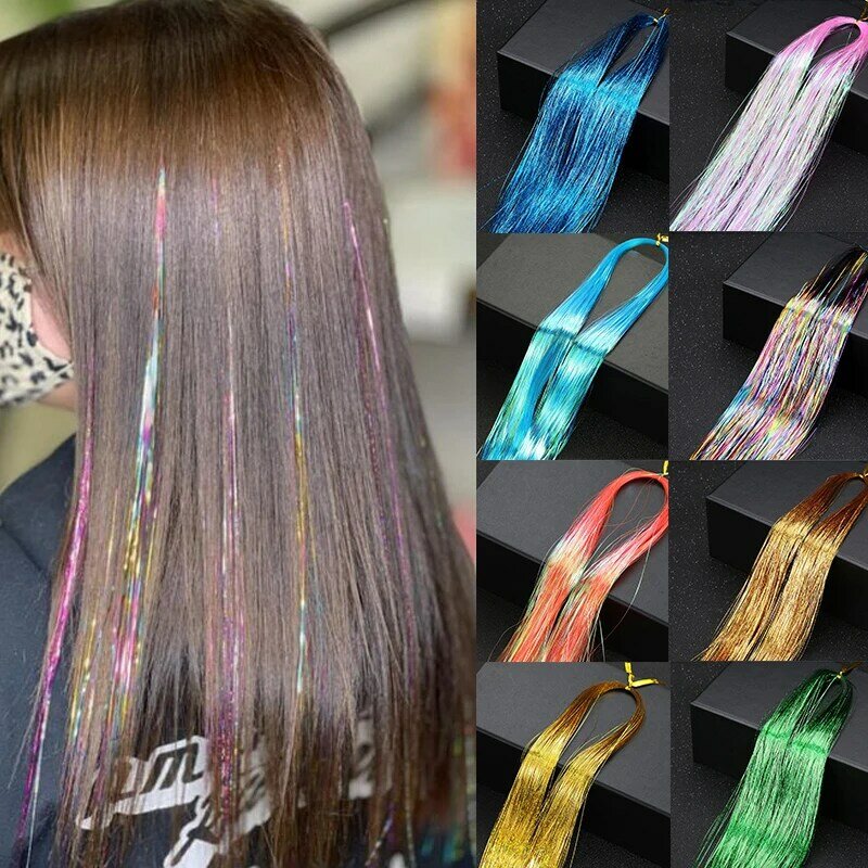 Berkilau rambut perada panjang warna-warni helai gadis mempesona Hippie palsu ekstensi rambut untuk wanita dekorasi Glitter strip Cosplay
