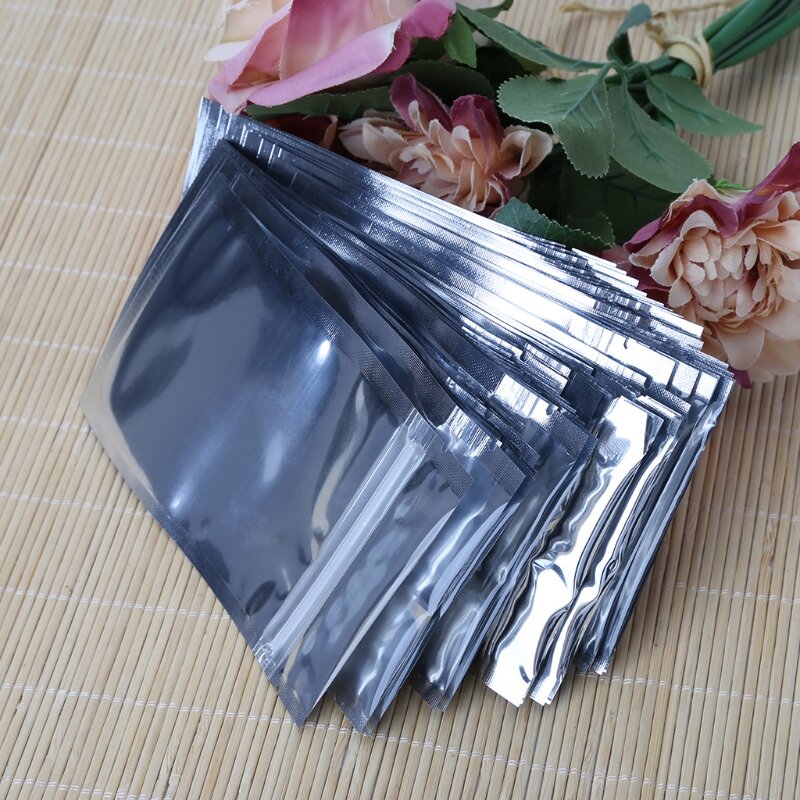 50 piezas 8,5x14 papel aluminio plateado Mylar bolsa reutilizable frontal transparente a prueba fugas