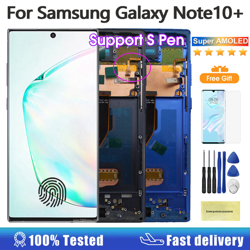을 위한 삼성 Note 10 Plus 4G 5G 디스플레이 터치 스크린 Note10 + N975F N976F LCD 지원 S 펜 지문 작업용 슈퍼 AMOLED 디스플레이