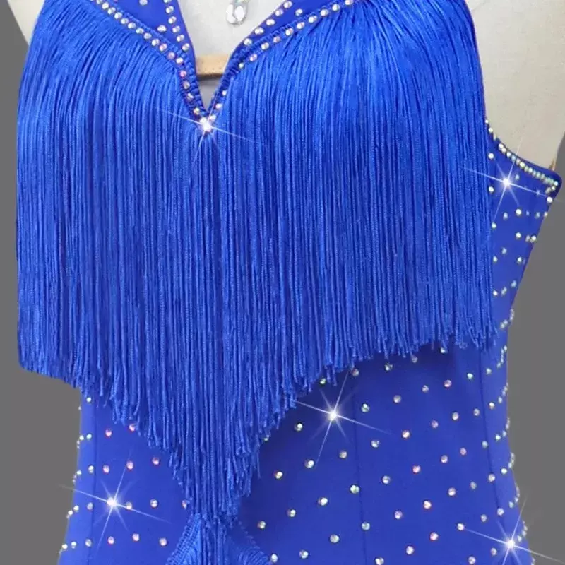 Damska sukienka do tańca latynoskiego niebieska odzież do ćwiczeń Dancewear z frędzlami spódnica balowa dziewczęca garnitur frędzel na bal konkurs kostium