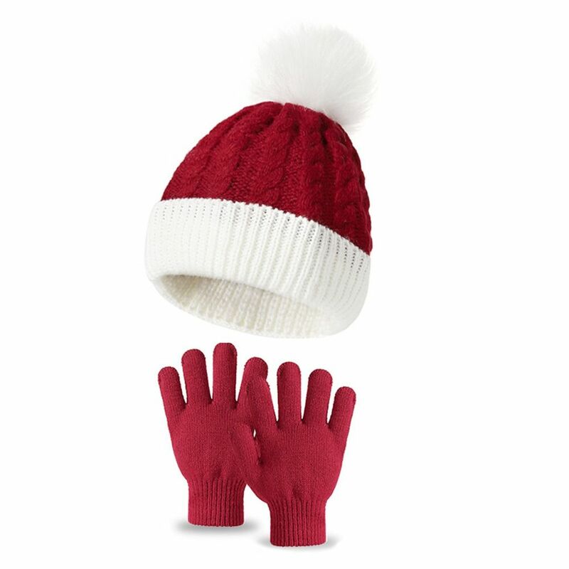 2Pcs/Set Ear Protection Kids Knitted Hat Winter Warm Pompon Beanies Cap Soft Outdoor Gloves Set Girls Boys