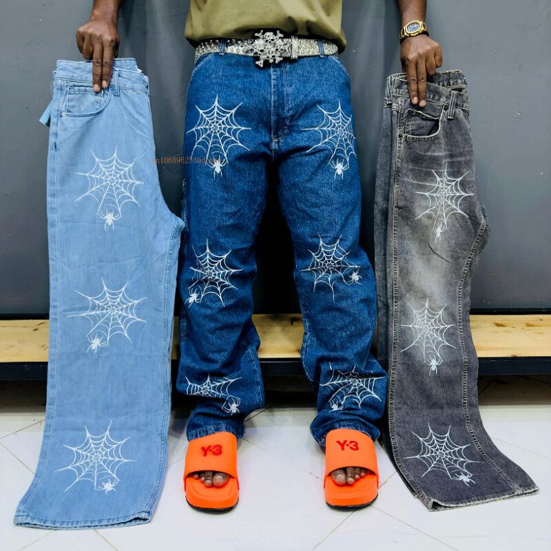 Pantalones vaqueros de calidad lavados para hombre y mujer, Jeans con estampado de patrón Hipster, diseño de nicho, sueltos, Gángster callejero, Pantalones rectos guapos