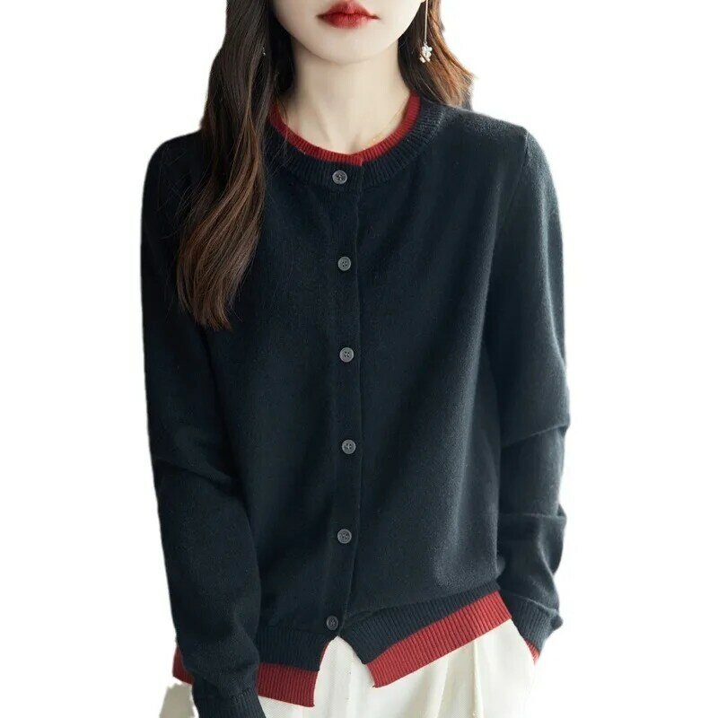 Cárdigan de suéter con diseño francés de lujo, Top en capas adelgazante, Color bloqueado