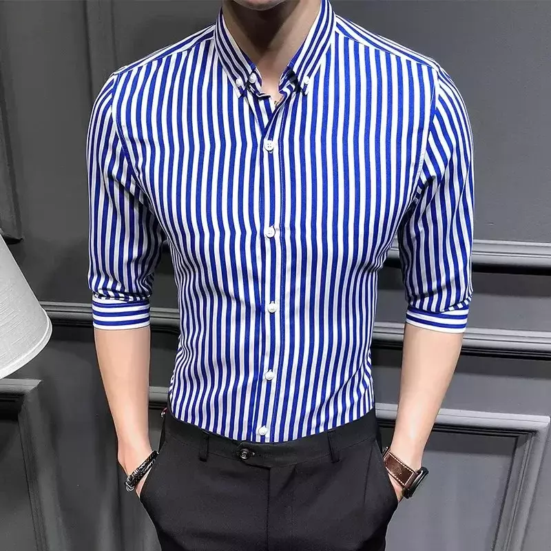 Рубашка мужская приталенная с рукавом до локтя, деловая блуза в Корейском стиле, Повседневная Свободная деловая, 5XL