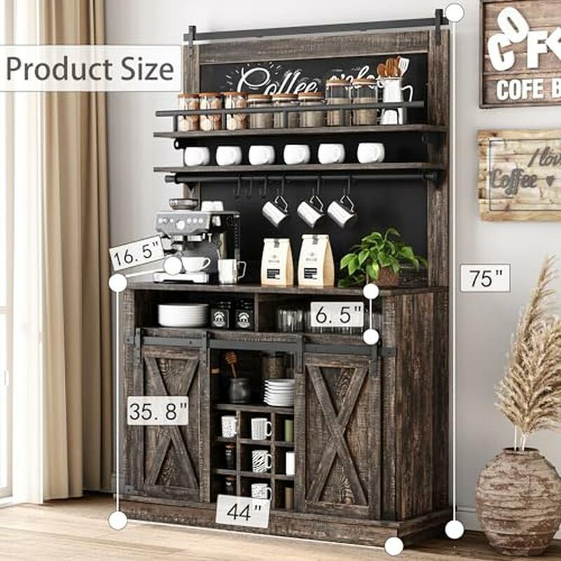 Farmhouse Coffee Bar Cabinet Sliding Barn Door Storage Buffet Sideboard Charm Blackboard DIY Distinctive Feature MDF Metal 75"