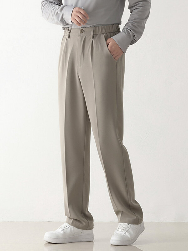 Calça masculina drapeada de poliéster, calça reta, calça masculina semi-larga, calça casual esticada, moda coreana, primavera, outono