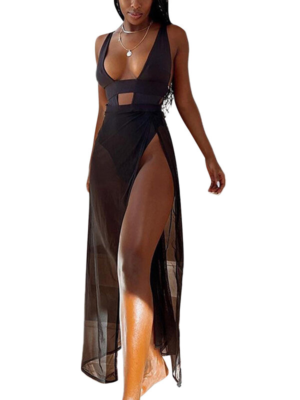 Tenues d'été 2 pièces pour femmes, combinaison de batterie dos nu à col en V et jupe fendue de plage en maille transparente