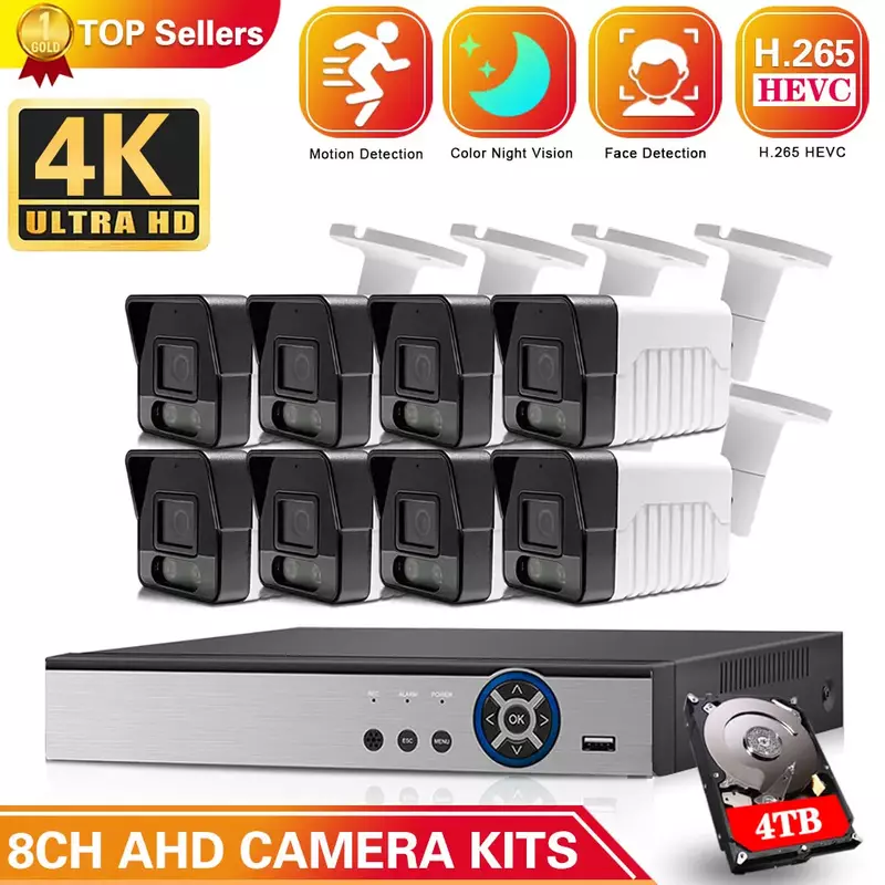 XMEYE-HD Video Surveillance Camera, 8 Canais, 4K, CCTV, Kit Sistema de Segurança, Cor, Visão Noturna, Detecção de Rosto, 8MP, DVR, 8CH