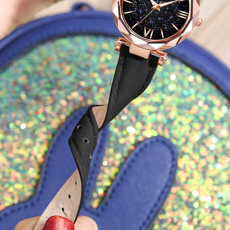 Reloj con correa esmerilada para mujer, accesorio elegante con diseño de estrellas, punteado con escala romana, 2023