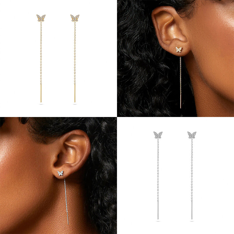 CANNER 925 Sterling Silver Trend Long Wire Tassel Chain Bling Zircon Pendants Drop Earrings Women's Hanging Earings Jewelry 2pc