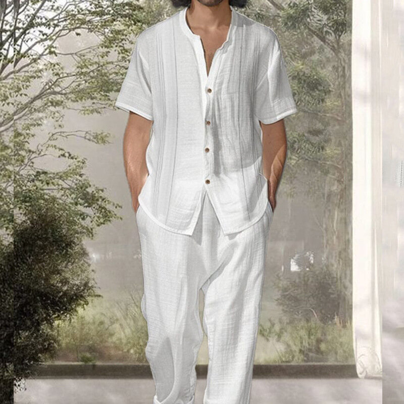 Conjunto de dos piezas para hombre, camisa de manga corta y pantalones informales, ajustado, Color sólido, a la moda, novedad de 2024
