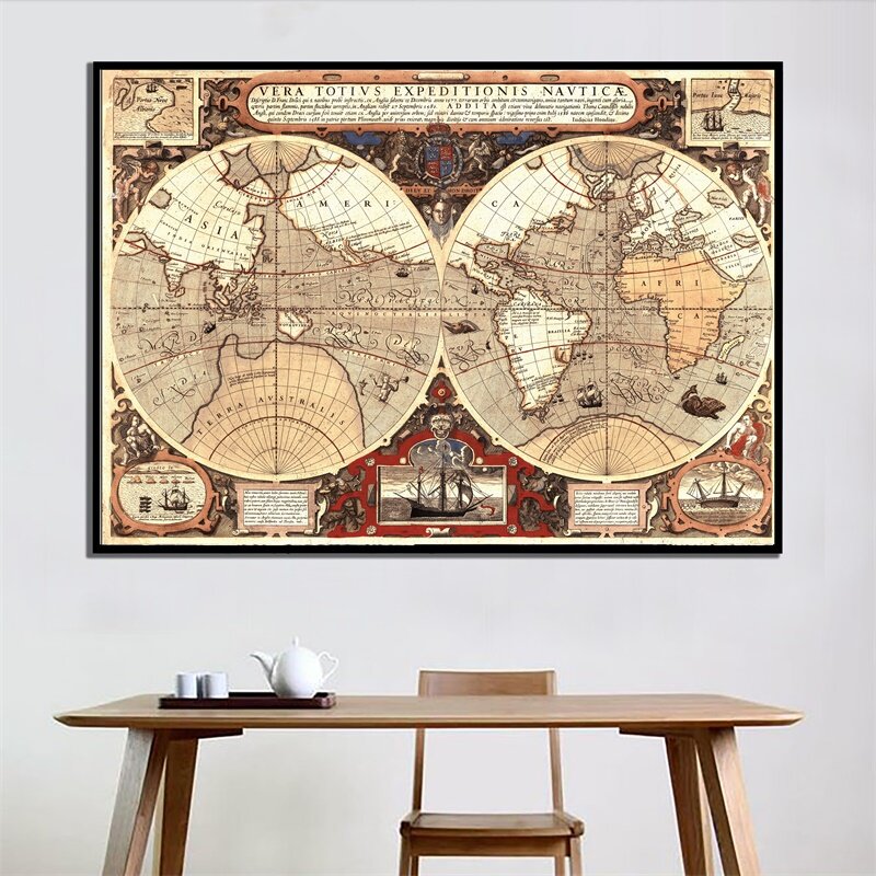 خريطة العالم 84*59 سنتيمتر ملصق فني خمر جدار يطبع الزخرفية غير المنسوجة قماش اللوحة غرفة المعيشة ديكور المنزل