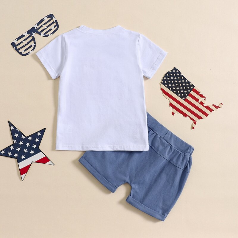 lioraitiin Kids Boys 4th of July Outfits Letter Flag Stripe Stars Print Short Sleeve T-Shirts Elastic Waist Shorts Clothes Set