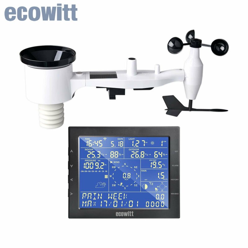Ecowitt-Estação meteorológica Wi-Fi sem fio, energia solar ao ar livre, sensor de tempo 7-em 1, exibição do console LCD, WS2320