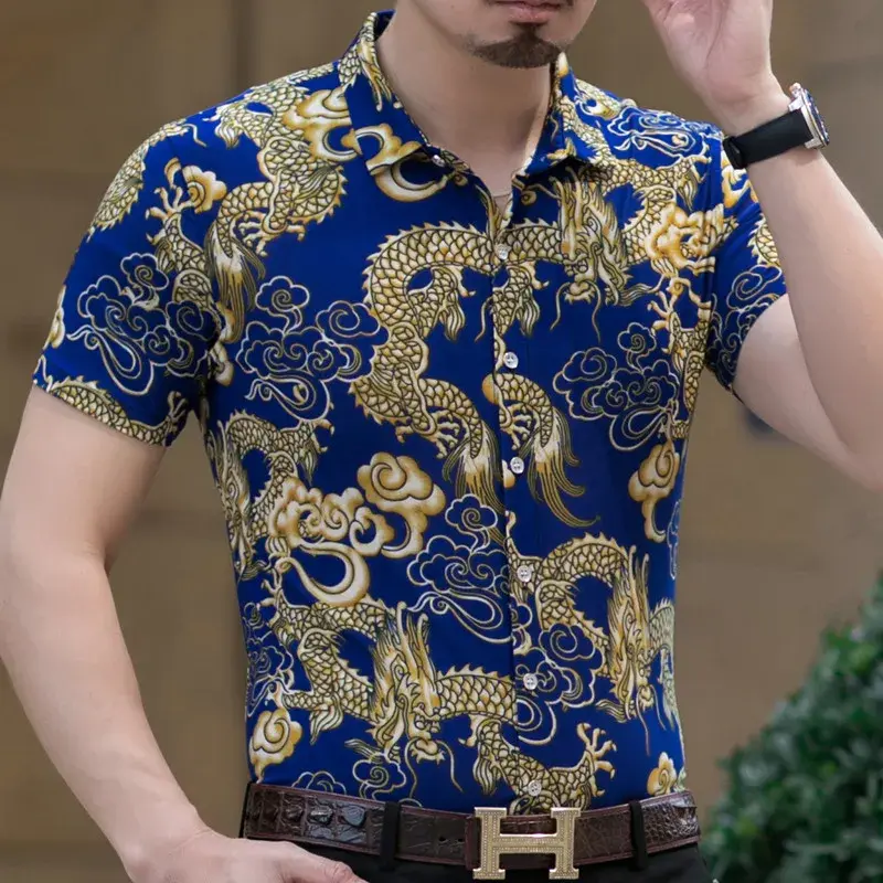 Рубашка мужская с коротким рукавом, модная Повседневная дышащая свободная Удобная с принтом, лето