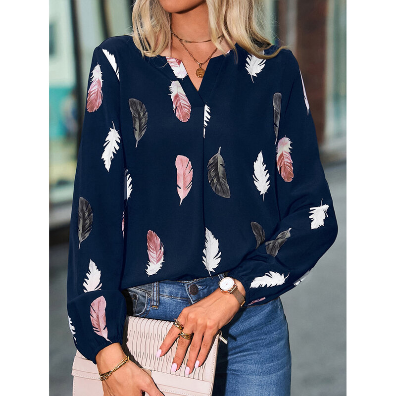 Женская шифоновая блузка с длинным рукавом, свободные топы с V-образным вырезом, элегантная шикарная одежда с принтом, летняя модная туника большого размера, 2023