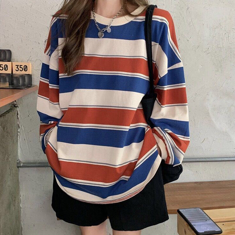 Jesienne bluzy w paski bluza oversize damskie swetry w stylu Harajuku koreańskie modne pary pasujące z długim rękawem topy Streetwear