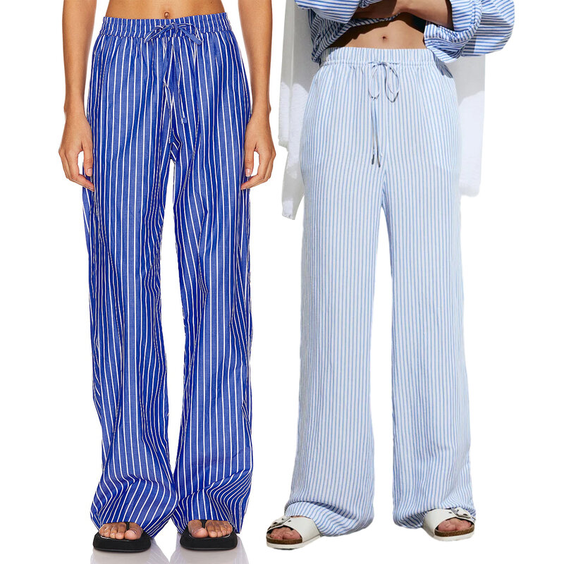 Pantalones holgados de pierna ancha para mujer, pantalón informal con estampado a rayas, cordón elástico y bolsillos