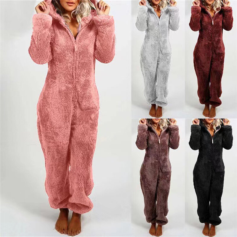 女性の厚手のぬいぐるみジャンプスーツ、ロッカーフリースジャンプスーツ、ジッパー付きパジャマ、女の子のためのかわいいクマの加熱パジャマ、冬