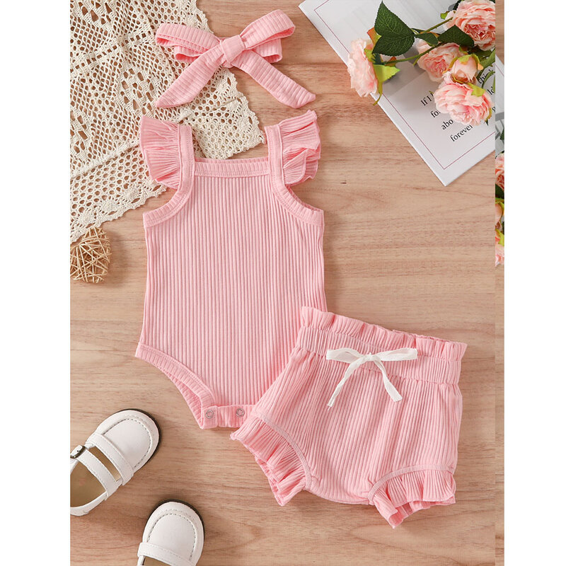 Customize Any Name Baby Summer Camisole Jumpsuit+Shorts Three Piece Embroidered Casual Girl Solid Color Pit Stripe Jumpsuit Set