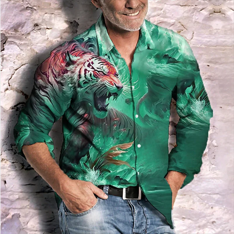 Camisa de manga larga con estampado 3D de tigre para hombre, cárdigan informal Hawaiano con botones y solapa, a la moda, para fiesta, calle, Xs-6XL