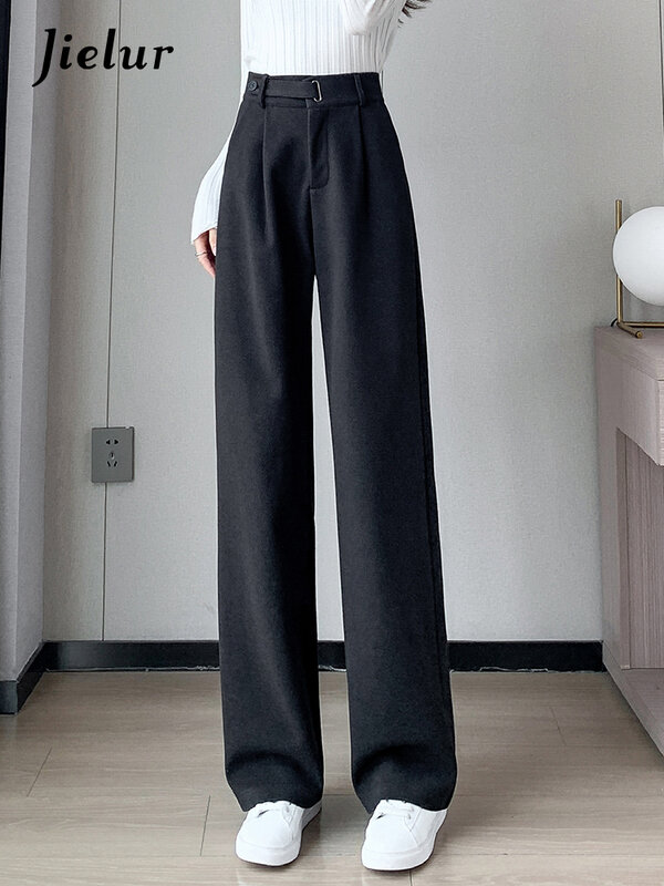 Jielur-Pantalon Droit à Jambes Larges pour Femme, Vêtement Décontracté, Noir Abricot, Bouton Chic, Style Document, Mode Hiver