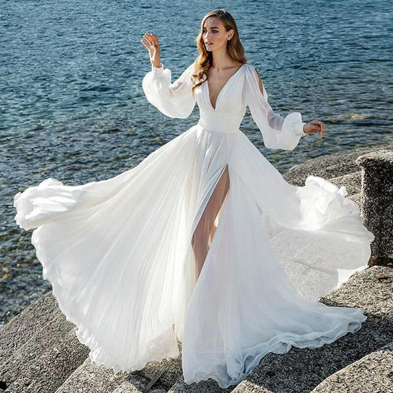 Neues Brautkleid mit V-Ausschnitt für Frauen Einfache lange Ärmel A-Linie Chiffon boden langes Brautkleid lange Vestidos de Novia 2024