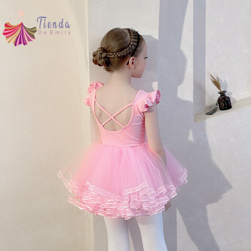 Trykoty baletowe dla dziewczynki maluch krótki rękaw z falbanką tiul taniec 4 warstwy tancerz strój rytmiczny gimnastyka body sukienka Skate