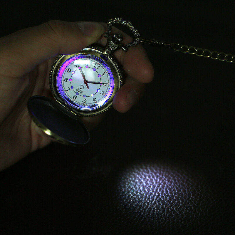 นาฬิกาควอตซ์แบบพกพาสไตล์เรโทรพังค์นาฬิกาสร้อยคอวินเทจสำหรับผู้ชายไฟ LED เรืองแสงอารบิกแสดงรถไฟสีบรอนซ์