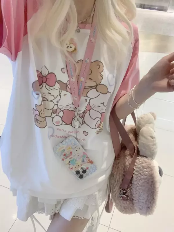 HOUZHOU Kawaii пот Лоскутные футболки Женская японская мода Y2k Harajuku в стиле преппи мультяшный Принт Свободные футболки мягкая девочка 2023
