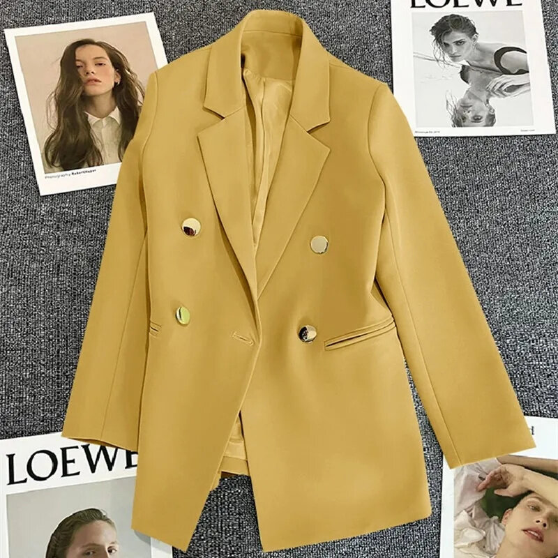 Blazer wanita, baju Luaran Korea kasual warna polos, jaket kantor wanita Musim Semi dan Gugur