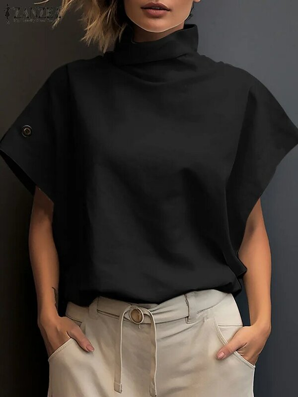 ZANZEA blus kantor wanita, kemeja mode musim panas lengan pendek untuk wanita