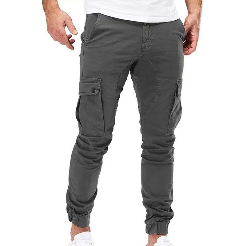 Calça masculina versátil com vários bolsos, cintura elástica, design do comprimento do tornozelo, calças de trabalho, estilo conforto