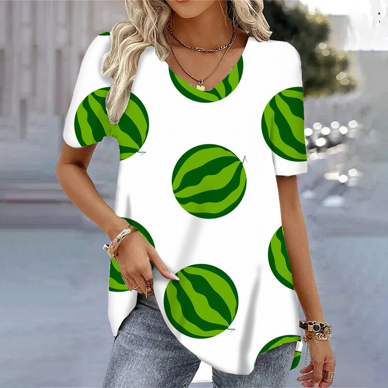 Lustige Kurzarm lässig Damen Mode Grafik T-Shirts Frauen Wassermelone gedruckt V-Ausschnitt Pullover Sommer T-Shirt Kleidung T-Shirts