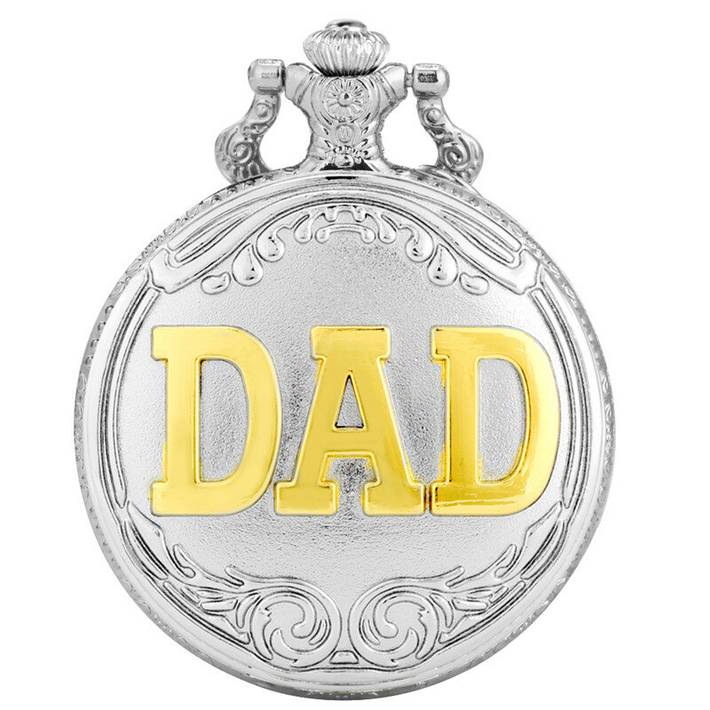 Homens Golden Dad Design Relógios, Relógio de bolso, Movimento Quartz Relógio, Colar Fob, Corrente, Relógio Número Árabe, Prata Liga Caso
