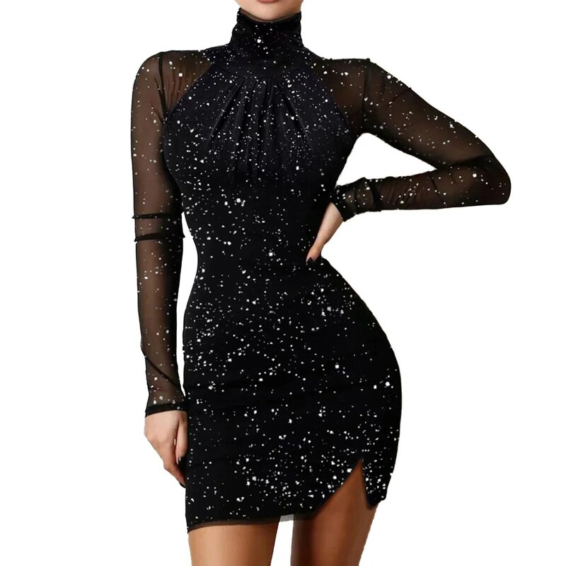 Abiti da donna elegante Patchwork in rete maniche lunghe Glitter brillante Mini prendisole Sexy aderente nero abiti da festa Vestidos
