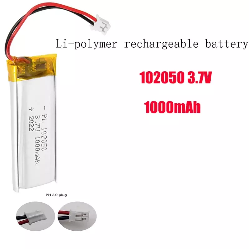 Bateria recarregável 3.7 102050 mah li-po do lítio do polímero 1000 v para o núcleo de carregamento pequeno do orador de bluetooth da arma de aço