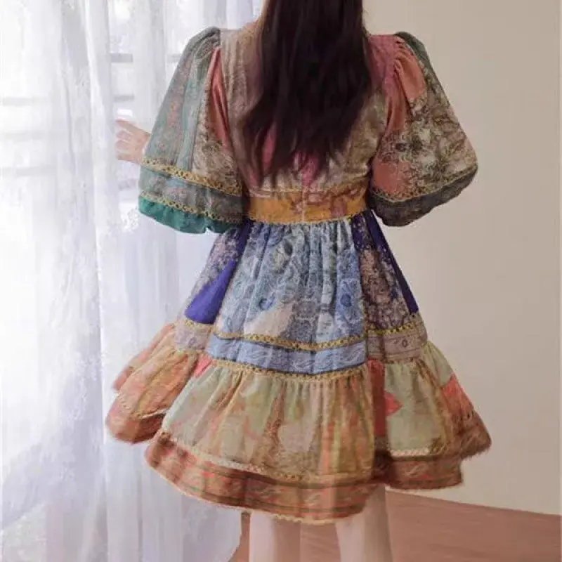 Nowe letnie sukienki w stylu Retro w stylu etnicznym z nadrukowanym dekoltem w szpic kolorowe rękaw z rozcięciem sukienki elegancka sukienka Mini sukienka vestidos de mujer