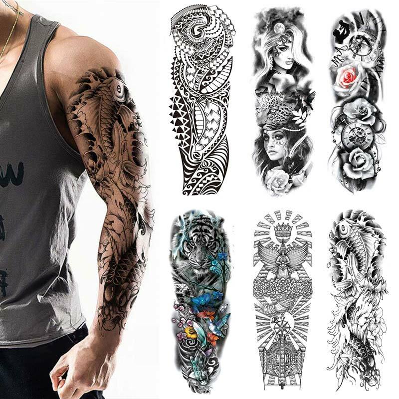 Large Tattoo Temporary Waterproof Tattoo Sticker Sleeve Wolf Tiger Fish Women Skull Totem Tatoo for Men Full Arm Tattoo Fake