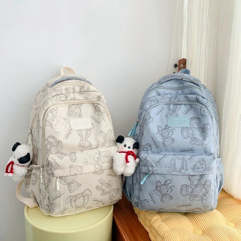 Laptop Large-capacity Backpack Fashion Waterproof Female Multi-pocket School Teenage Girl Travel Student Bear Printed Bookbag