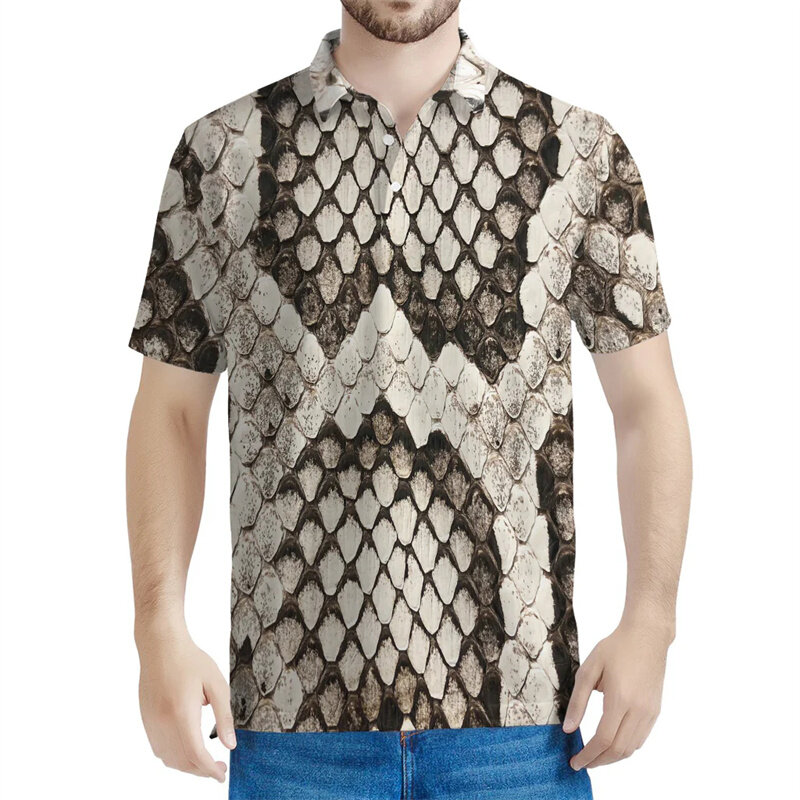 Snakeskin-メンズマルチカラーポロシャツ,3Dパンクプリント,アニマルスキンシャツ,シティボタン,半袖