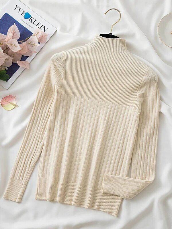Nowy 2024 damski sweter z golfem jesienny długi rękaw wąski elastyczny koreański prosty prosty tani sweter Top w jednolitym kolorze