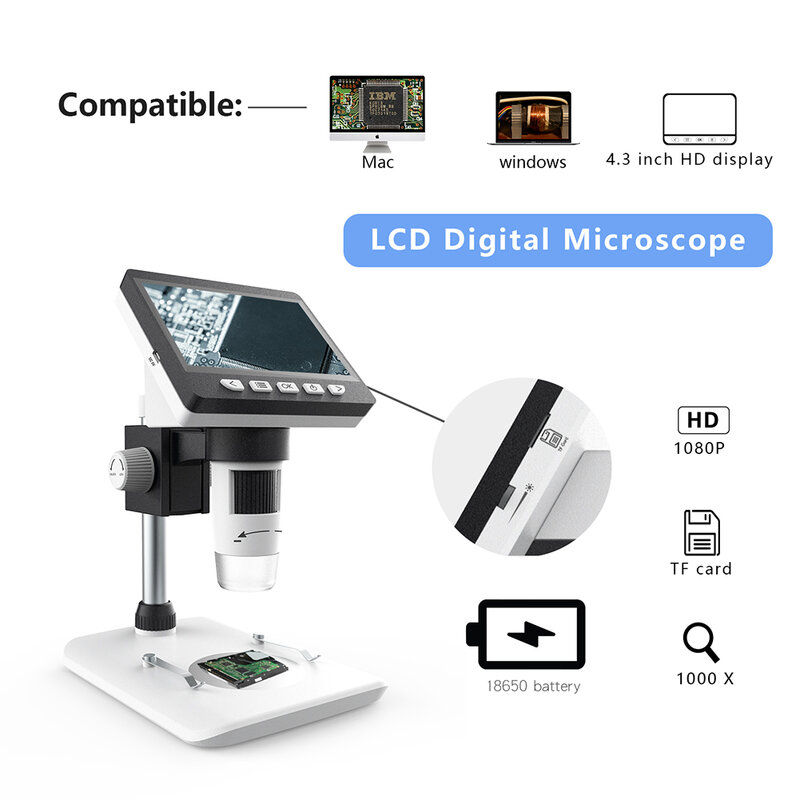 Цифровой микроскоп, 4,3 дюйма, 1000-кратное увеличение, эндоскоп с 1080P электронным микроскопом, для фото-и видеозаписи USB, видеомикроскопы