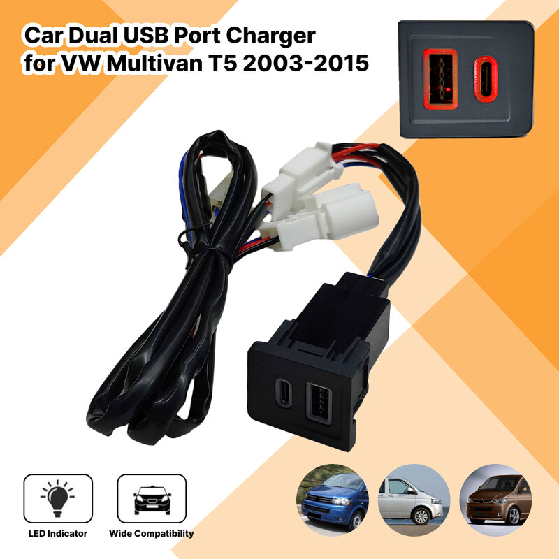 Автомобильное зарядное USB-устройство с адаптером для VW Multivan T5 2003-2015 USB-C/A PD/QC3.0