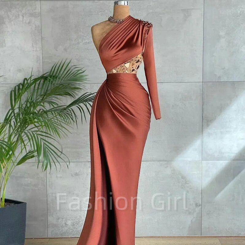 Elegant Russet Mermaid Satin One Shoulder Long Sleeves Geometric Beaded Party Ball Formal Occasion Custom Evening Gown 2024