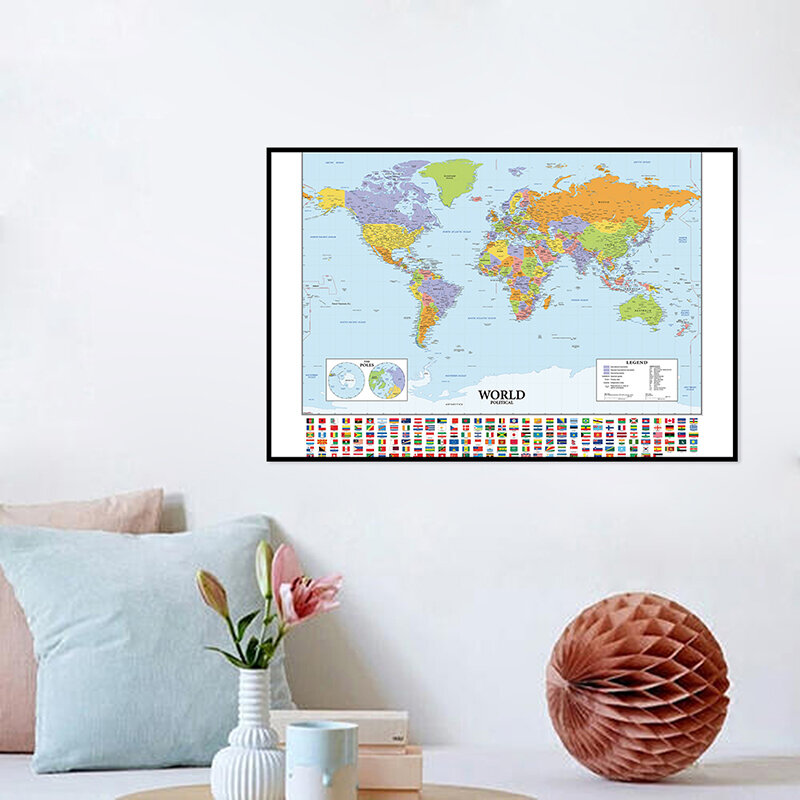 Ukuran A2 Peta Dunia dengan Bendera Berbagai Negara Kanvas Halus Tahan Air Peta Dinding Sekolah Kantor Kelas Dekorasi Dinding