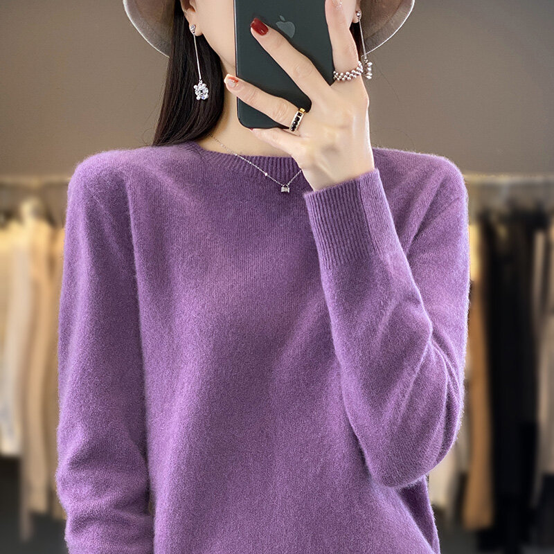Suéter de cachemira para mujer, jersey de cuello redondo de manga larga, 100% Lana, parte inferior de punto suelta, sin costuras, versión coreana, invierno, 2023