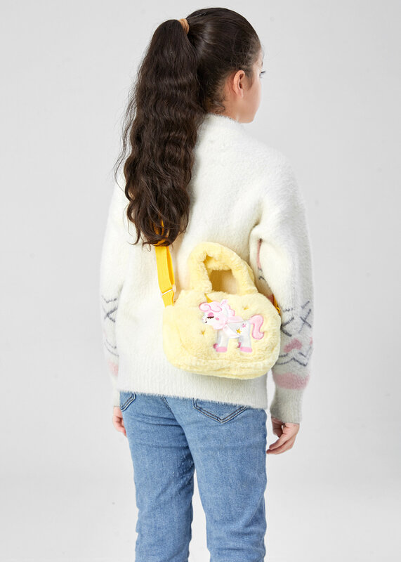 자수 유니콘 플러시 크로스 바디 레인보우 레인보우 핸드백 어린이용, 푹신한 지갑, 귀여운 만화 털 숄더백